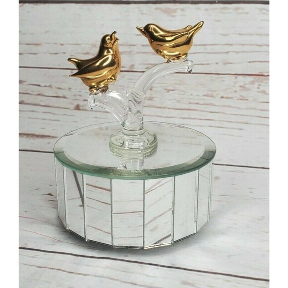 Gold-Tone Bird Figurines on Mirrored Rotating Base | Elegant Decorative Piece - Picture 5 of 12